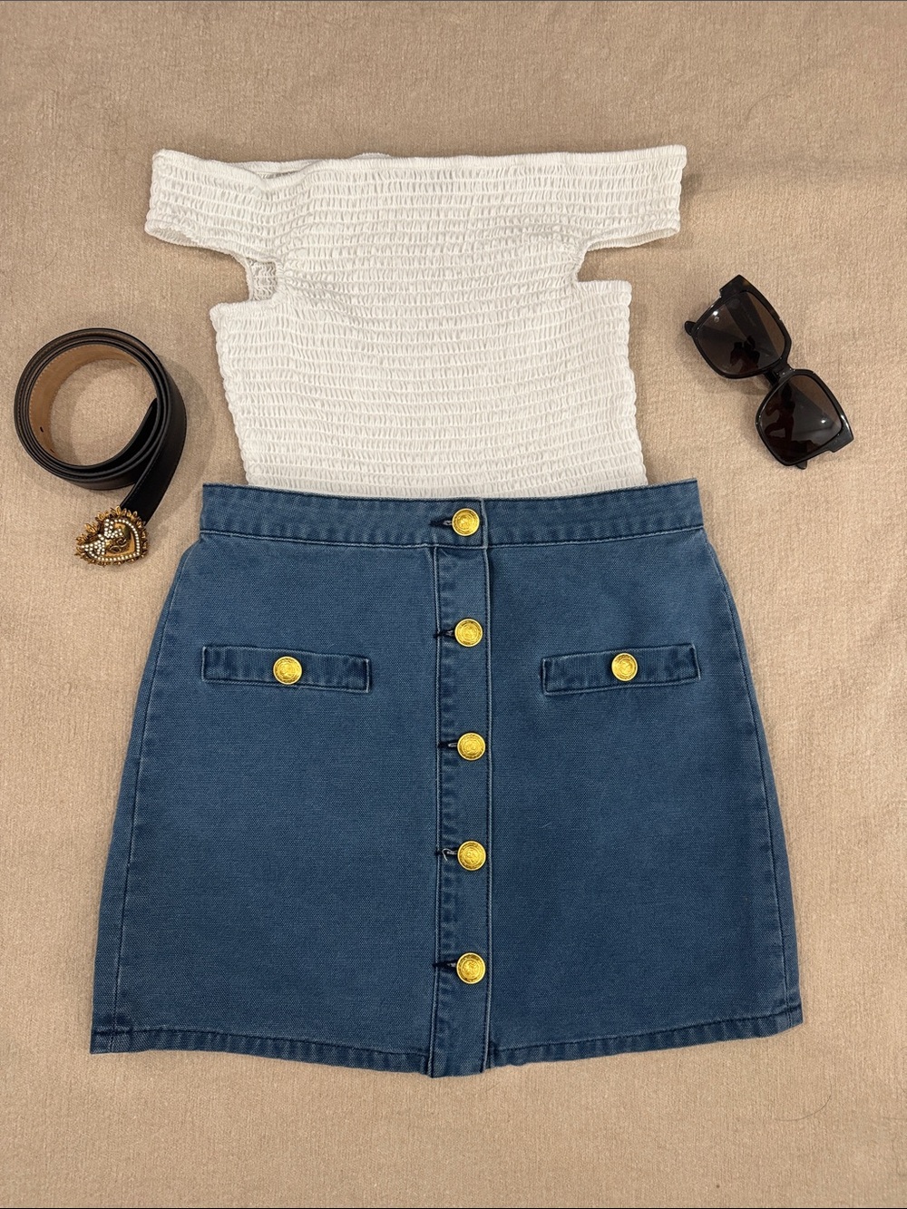 NWOT L'AGENCE Navy A-Line Denim Mini Skirt with Gold Buttons